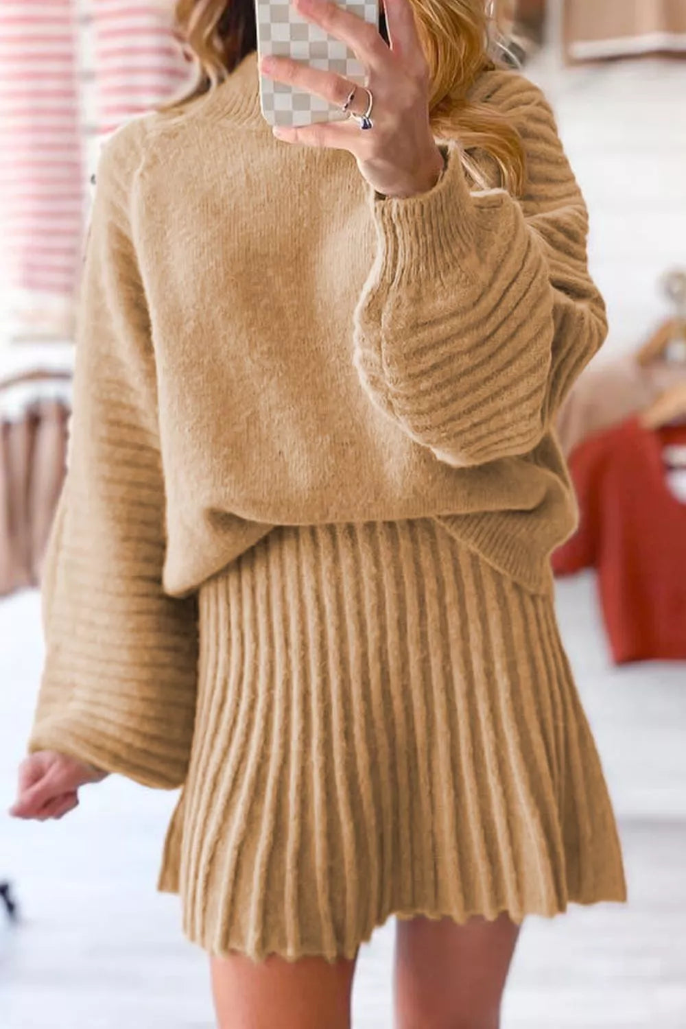 Ribbed Knit Long Sleeve Top and Skirt Sweater Set - Luna Di Velluto