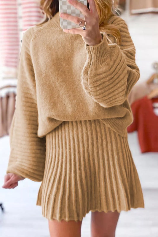 Ribbed Knit Long Sleeve Top and Skirt Sweater Set - Luna Di Velluto