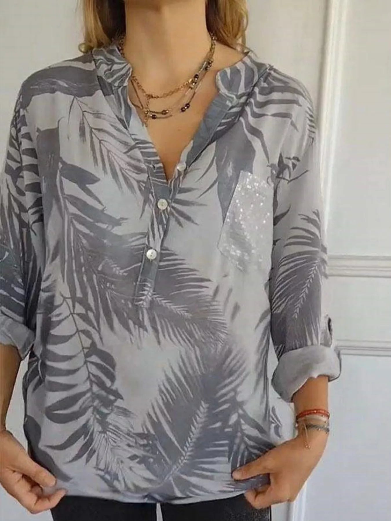 Full Size Printed Button Detail Long Sleeve Blouse Plus Size - Luna Di Velluto