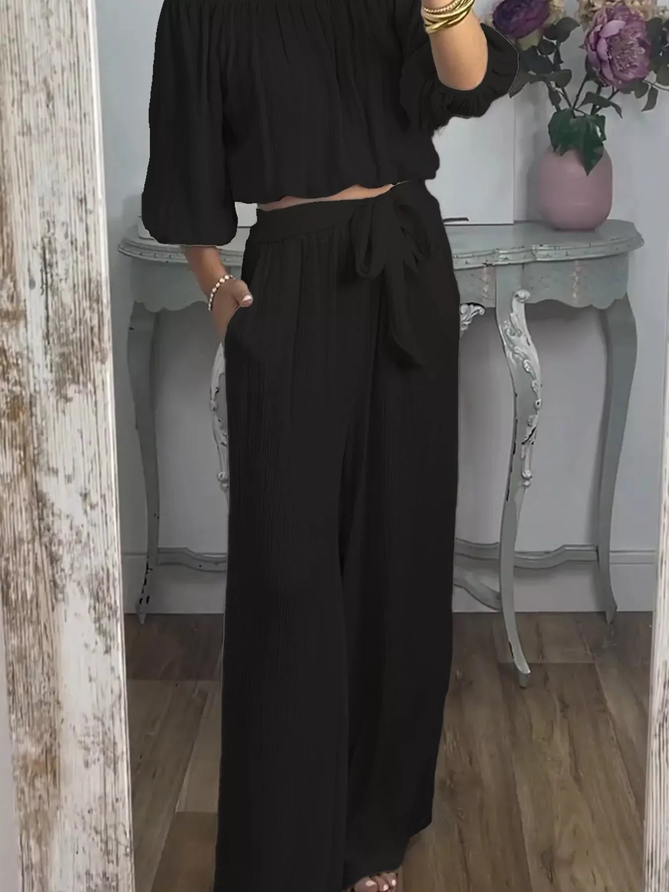 Full Size Off-Shoulder Top and Pants Set Plus Size - Luna Di Velluto