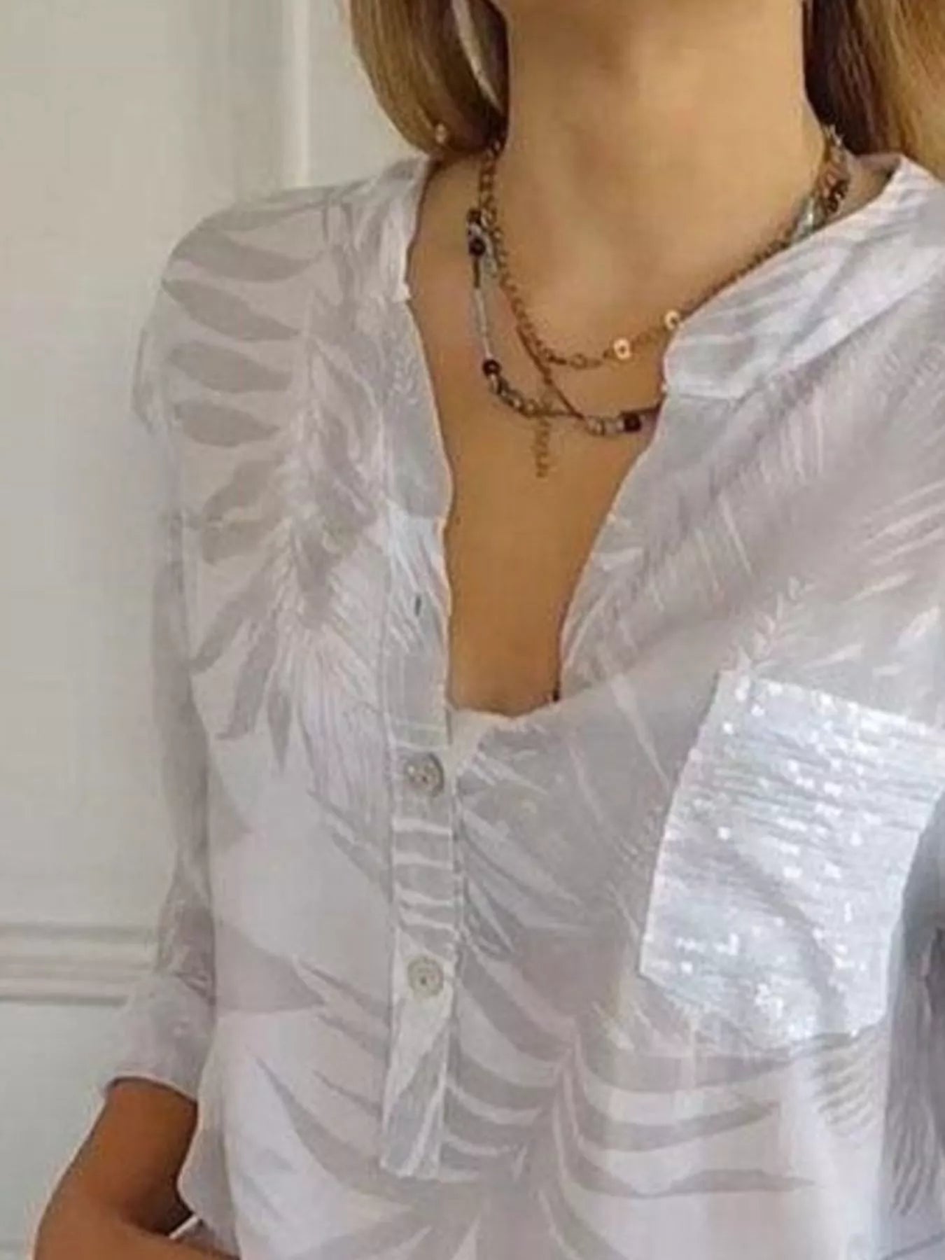 Full Size Printed Button Detail Long Sleeve Blouse Plus Size - Luna Di Velluto