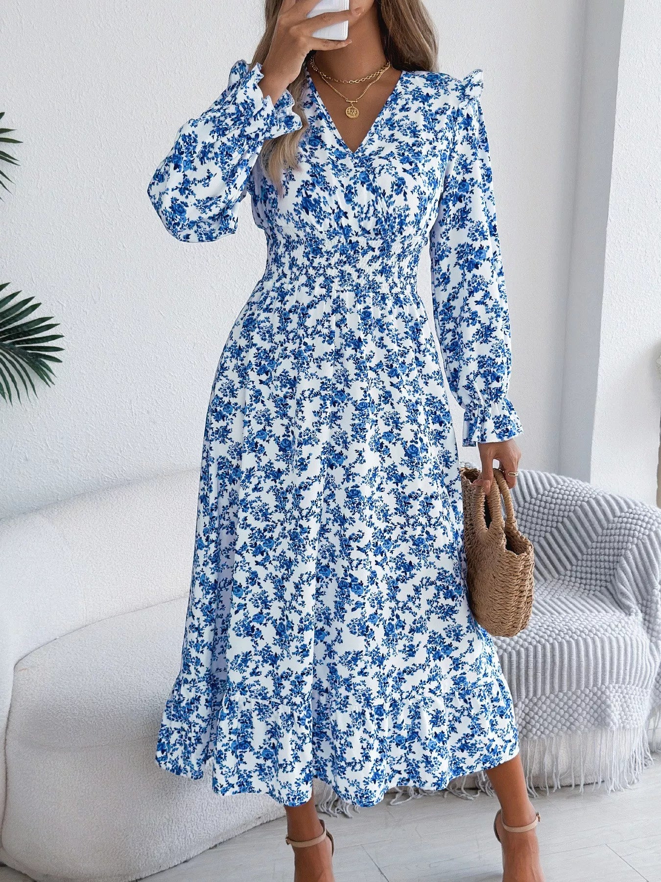 Ruffled Floral V-Neck Flounce Sleeve Dress - Luna Di Velluto