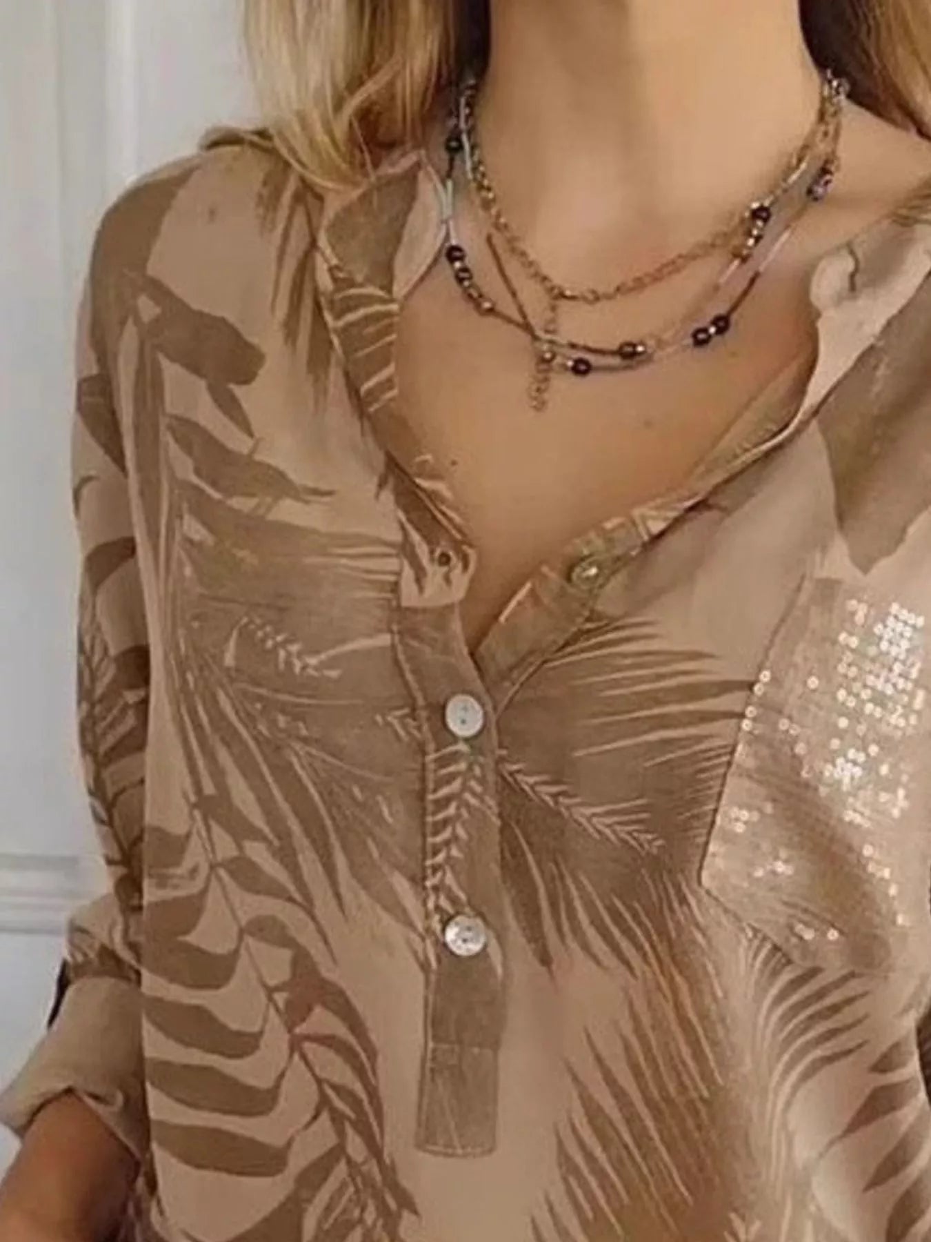 Full Size Printed Button Detail Long Sleeve Blouse Plus Size - Luna Di Velluto