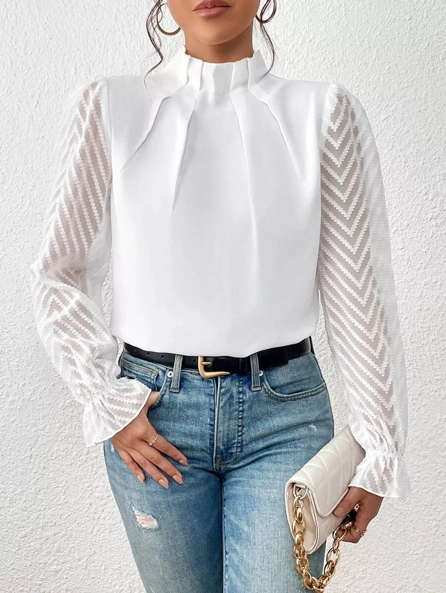Mock Neck Sheer Lace Sleeve Blouse - Luna Di Velluto
