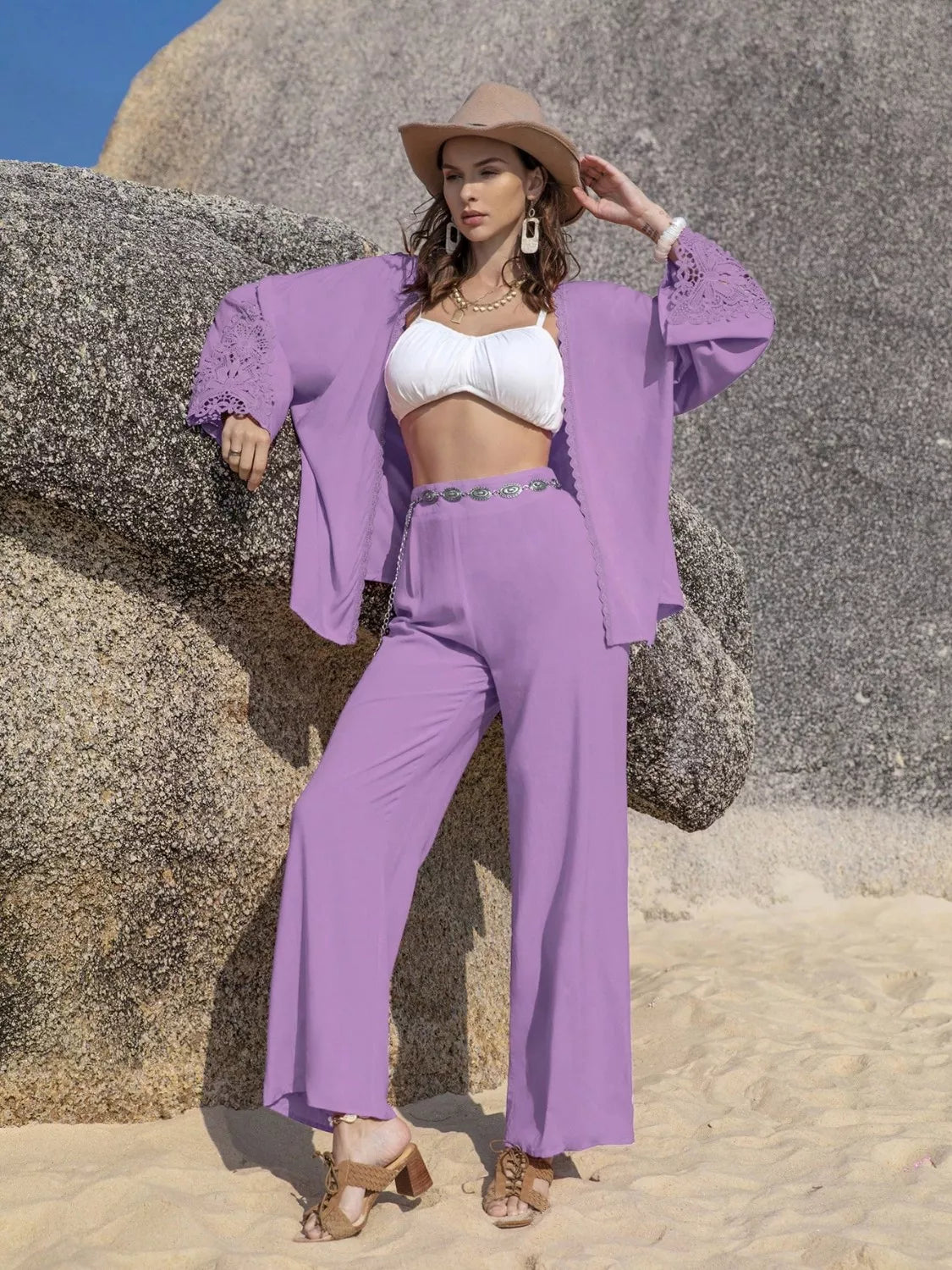 Lace Detail Open Front Cover Up and Pants Set - Luna Di Velluto