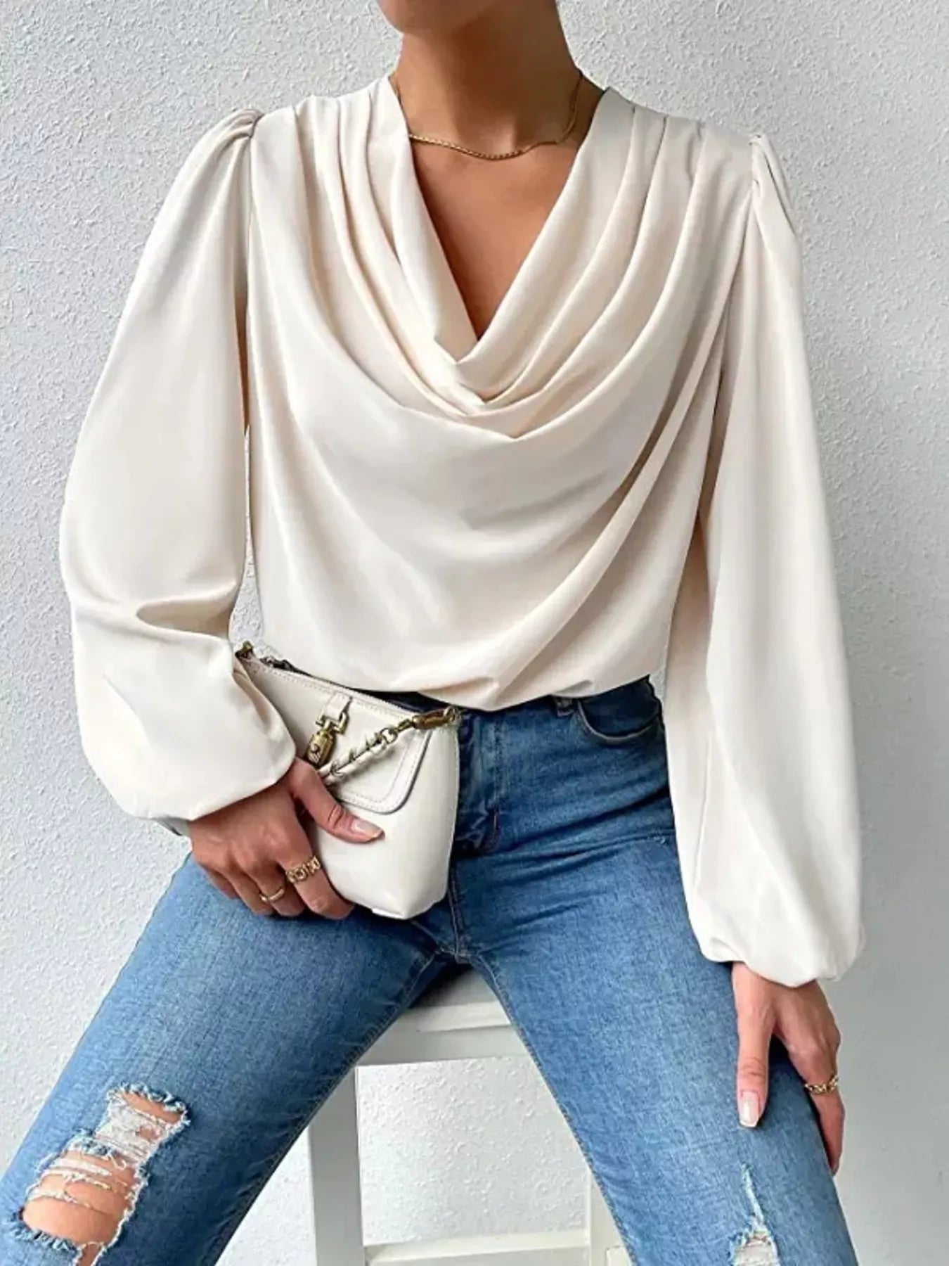Full Size Cowl Neck Balloon Sleeve Blouse Plus Size - Luna Di Velluto