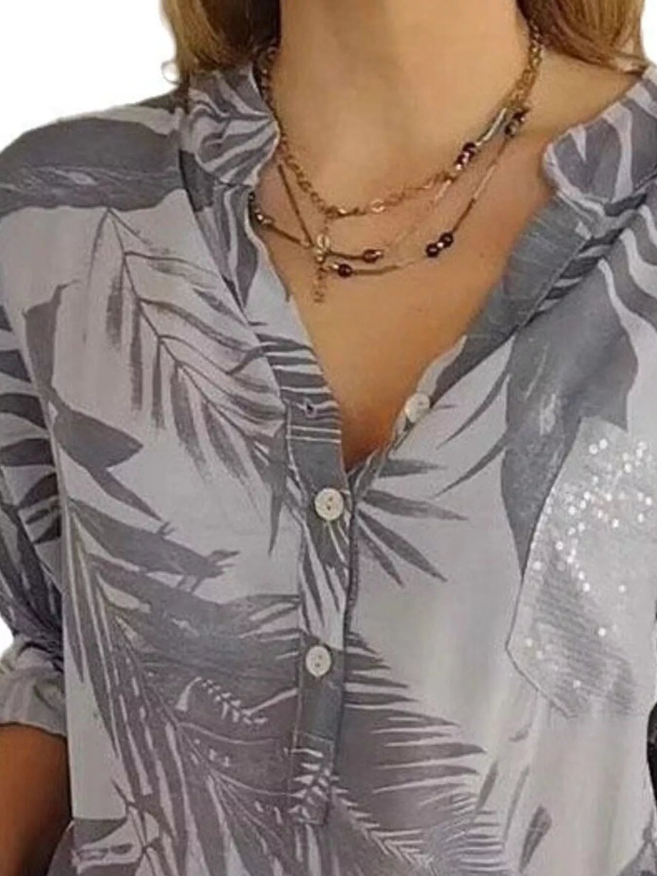 Full Size Printed Button Detail Long Sleeve Blouse Plus Size - Luna Di Velluto