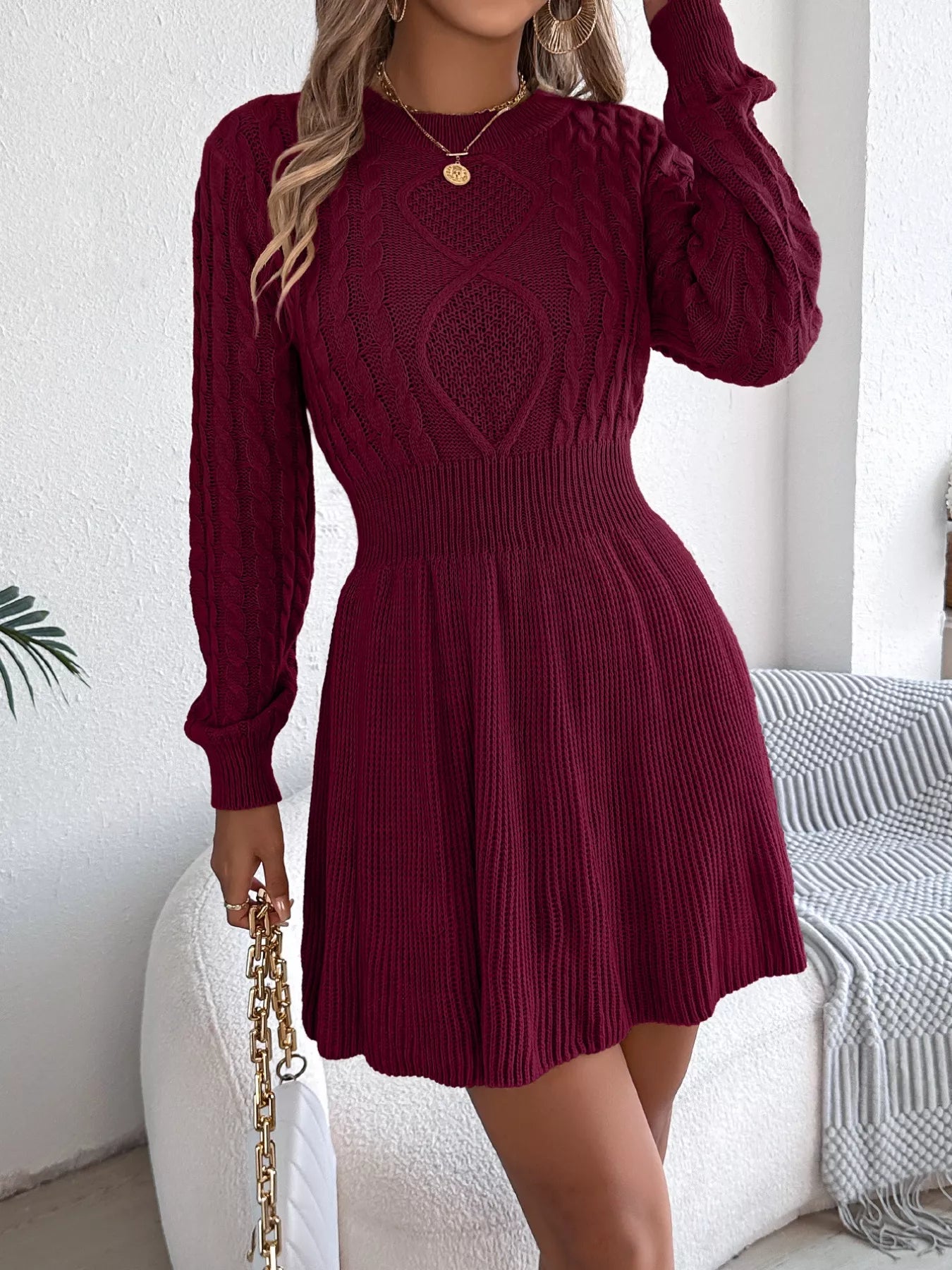 Cable Knit Long Sleeve Sweater Dress - Luna Di Velluto