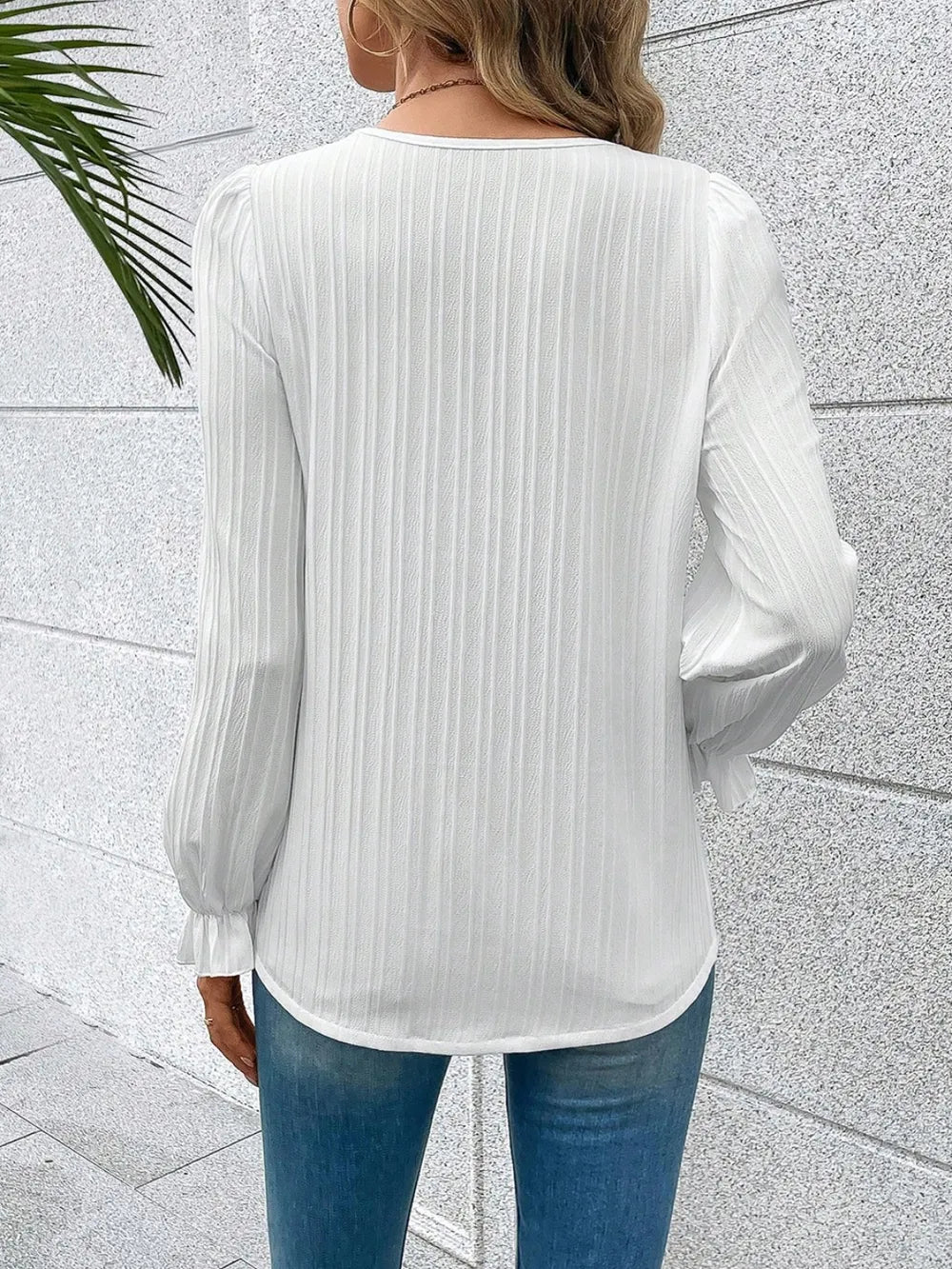 V-Neck Lace Detail Flounce Sleeve Blouse - Luna Di Velluto