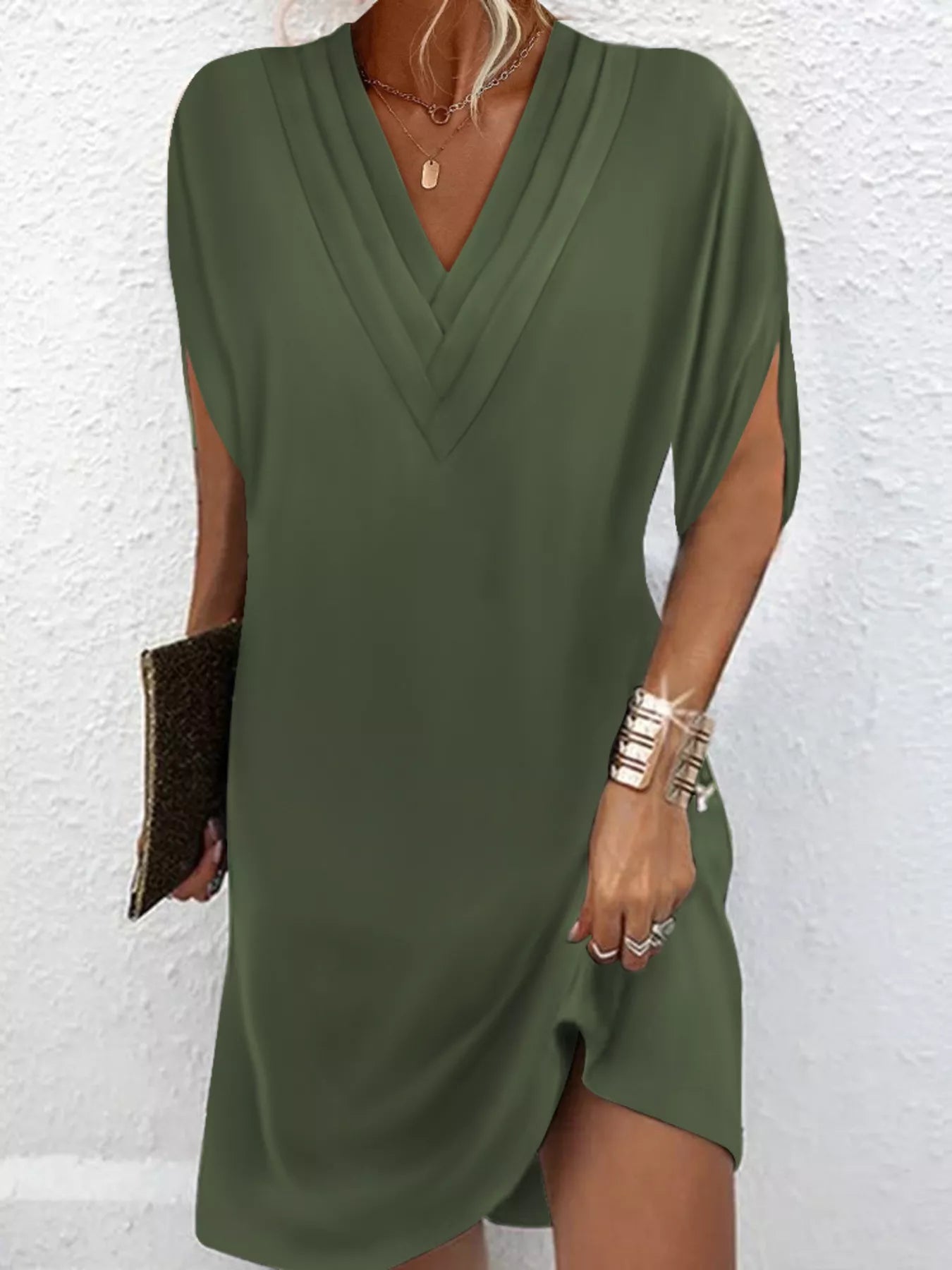 Full Size V-Neck Slit Sleeve Mini Dress Plus Size - Luna Di Velluto