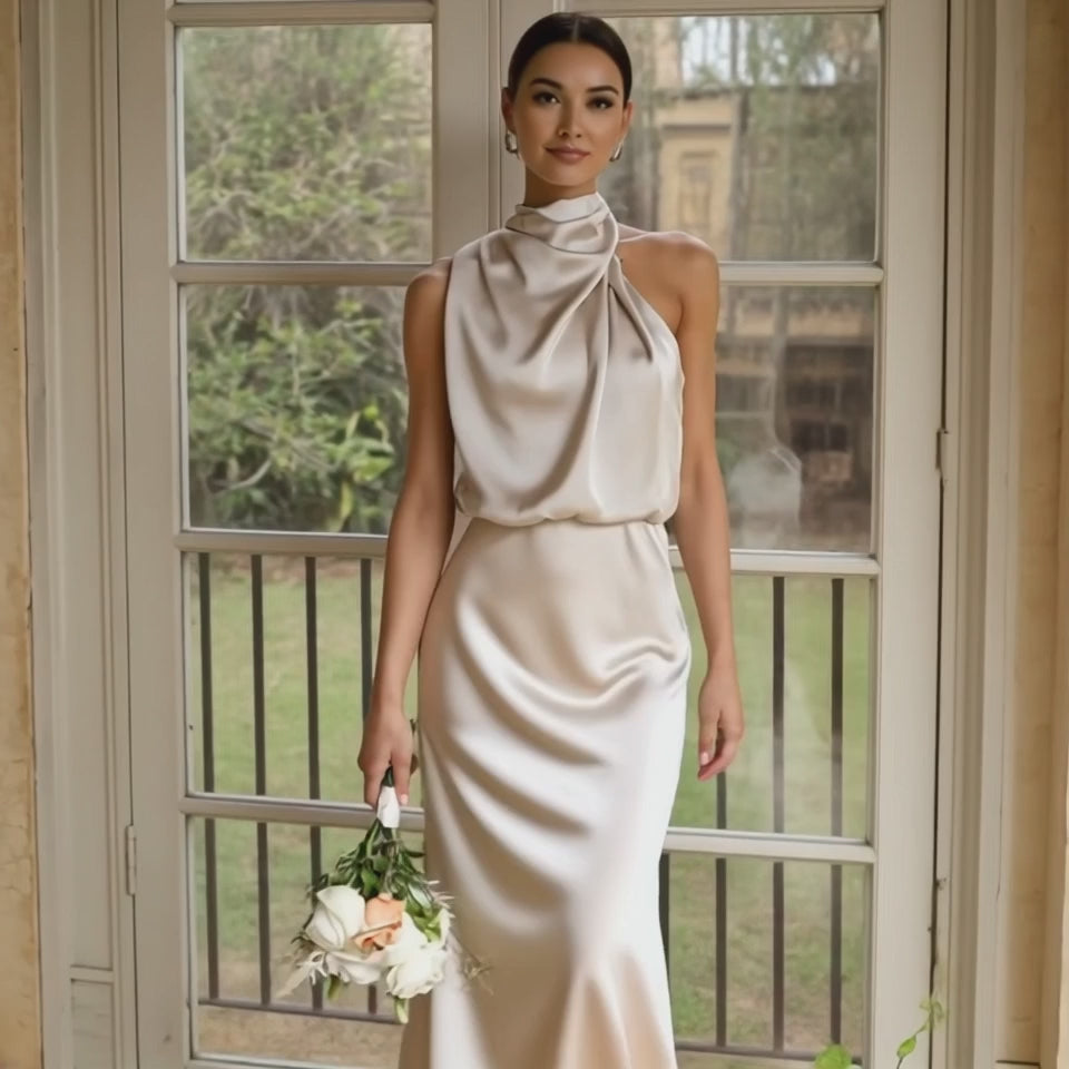 Video for Asymmetrical Ruched Sleeveless Midi Dress