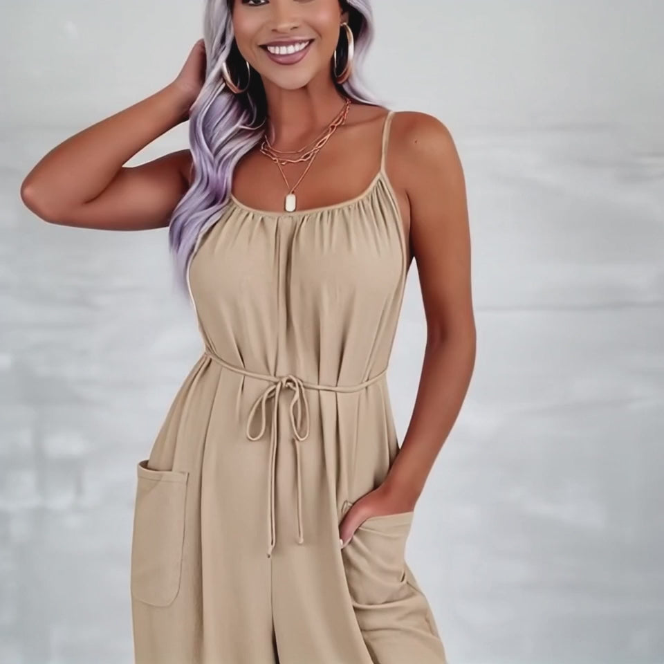 Video for Casual Spaghetti Strap Wide Leg Jumpsuit with Pockets