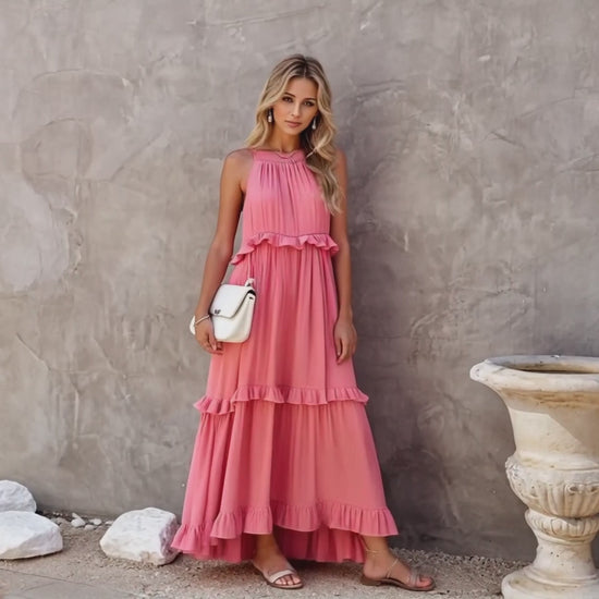 Video for Ruffled Sleeveless Tiered Maxi Dress with Pockets