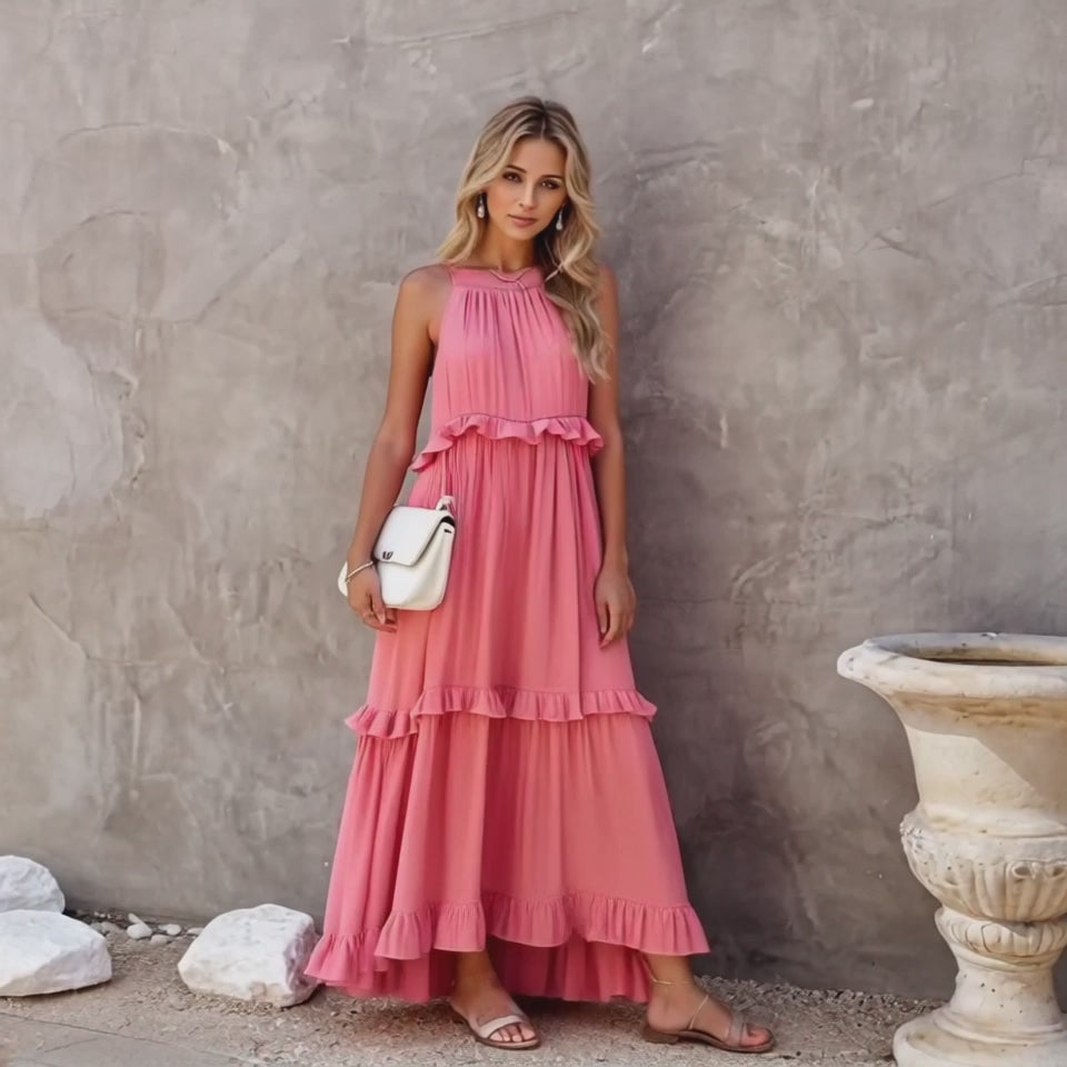 Video for Ruffled Sleeveless Tiered Maxi Dress with Pockets